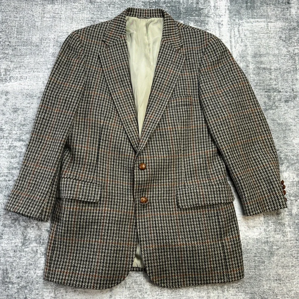 VTG Chaps Ralph Lauren Blazer Jacket Mens 40 Houndstooth Tweed‎ Coat Old Money